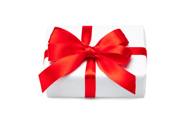 Close up shot of white present bow decorated with red satin ribbon tied bow, isolated over white background