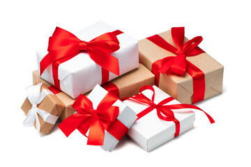 Close up composition of various gift boxes isolated on white background