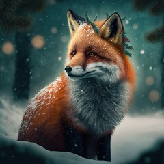 Woodland Christmas fox in winter snow, created with AI, artificial intelligence