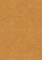 Hand-drawn unique abstract symmetrical seamless gold ornament on a yellow background. Paper texture. Digital artwork, A4. (pattern: p07-2d)