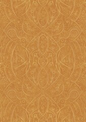 Hand-drawn unique abstract symmetrical seamless gold ornament on a yellow background. Paper texture. Digital artwork, A4. (pattern: p08-2d)
