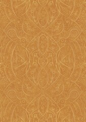 Obraz premium Hand-drawn unique abstract symmetrical seamless gold ornament on a yellow background. Paper texture. Digital artwork, A4. (pattern: p08-2d)
