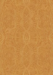 Hand-drawn unique abstract symmetrical seamless gold ornament on a yellow background. Paper texture. Digital artwork, A4. (pattern: p09d)