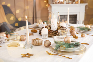 Fairy table setting for Christmas dinner in living room