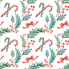 Traditional seamless winter botanical pattern on white. Ornament of christmas tree branches, holly berry with striped lollipops.