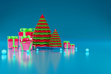 Christmas and New Year background. Xmas gifts box. Design for Christmas banner, brochure, flyer, template. 3D rendering
