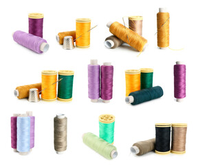 Group of bright thread spools on white background