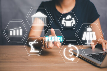 PESTEL analysis concept, political, economic, socio-cultural, technological, environmental and legal, Person hand touching PESTEL icon on virtual screen.