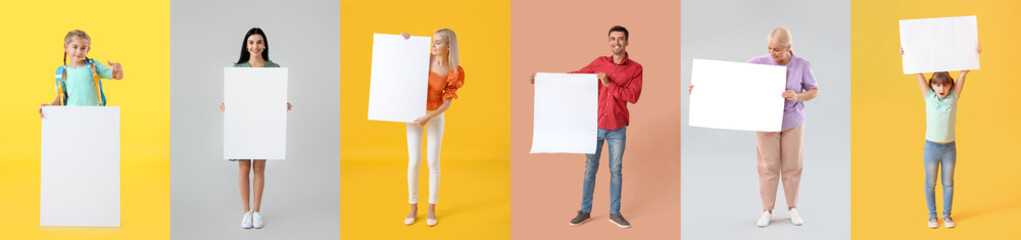 Set of different people with blank posters on colorful background