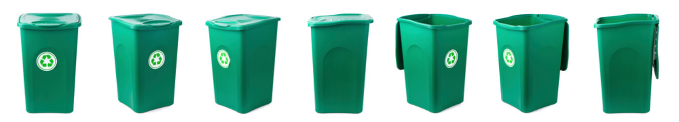 Collage of big rubbish bin on white background