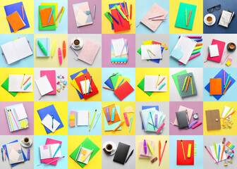 Collage of bright notebooks with office supplies on color background