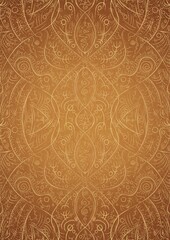 Hand-drawn unique abstract gold ornament on a yellow background, with vignette of darker background color and splatters of golden glitter. Paper texture. Digital artwork, A4. (pattern: p08-2d)