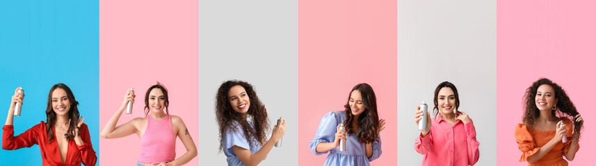 Set of beautiful women with hair spray on colorful background