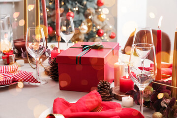 Romantic table setting for Christmas dinner in room