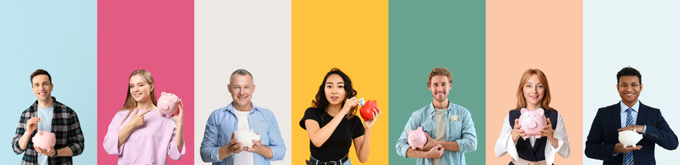 Collage of different people with piggy banks on color background