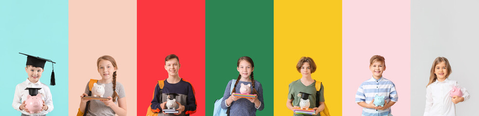 Collage of different little children with piggy banks on color background