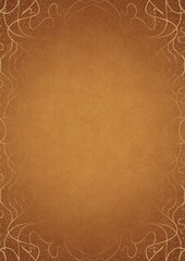 Yellow textured paper with vignette of darker color and golden hand-drawn pattern with splatters of golden glitter. Copy space. Digital artwork, A4. (pattern: p02-1d)