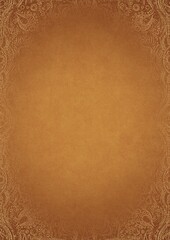 Yellow textured paper with vignette of darker color and golden hand-drawn pattern with splatters of golden glitter. Copy space. Digital artwork, A4. (pattern: p09d)