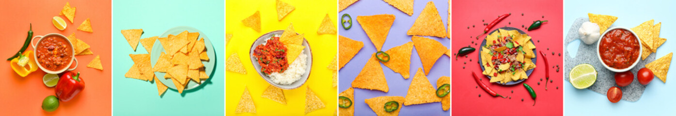Set of crunchy nachos with tasty dishes on color background