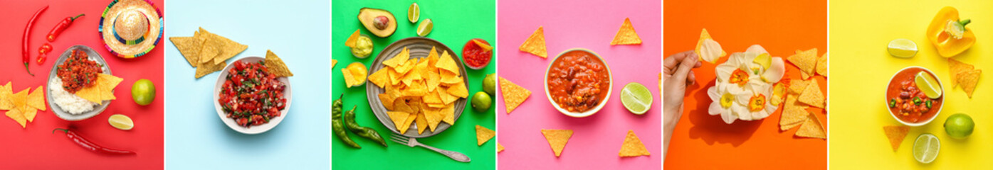 Collection of crunchy nachos with tasty dishes on color background