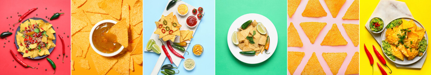 Collection of crunchy nachos with tasty dishes on color background, top view