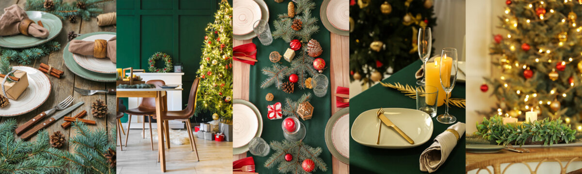 Collage with different Christmas table settings
