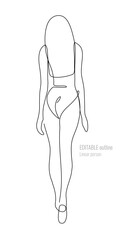Vector illustration of slim girl. Back view. Graphic linear silhouette. Beautiful woman with fit figure. Elegant pose. Decorative art element for trendy banner, poster advertisement layout design.