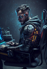 Hacker man typing on laptop, hacking computer system.