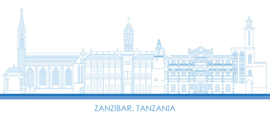 Outline Skyline panorama of Zanzibar, Tanzania - vector illustration - obrazy, fototapety, plakaty