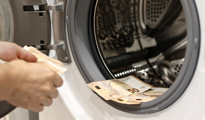 Euro money banknotes in washing machine - illegal cash 50 and mafia money laundering - tax evasion...