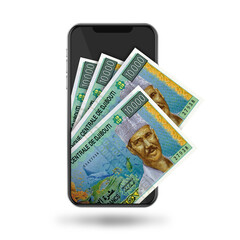 3d Illustration of Djiboutian franc notes inside mobile phone
