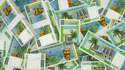 Fototapeta na wymiar 3D rendering of Djiboutian franc notes spread on surface
