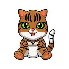 Cute bengal cat cartoon holding food bowl