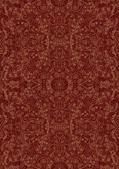Hand-drawn unique abstract symmetrical seamless gold ornament on a deep red background. Paper texture. Digital artwork, A4. (pattern: p06d)