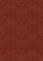 Hand-drawn unique abstract symmetrical seamless gold ornament on a deep red background. Paper texture. Digital artwork, A4. (pattern: p06e)