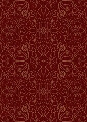 Hand-drawn unique abstract symmetrical seamless gold ornament on a deep red background. Paper texture. Digital artwork, A4. (pattern: p07-1d)