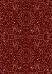 Hand-drawn unique abstract symmetrical seamless gold ornament on a deep red background. Paper texture. Digital artwork, A4. (pattern: p07-2d)