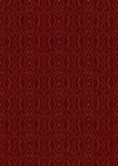 Hand-drawn unique abstract symmetrical seamless gold ornament on a deep red background. Paper texture. Digital artwork, A4. (pattern: p08-1f)