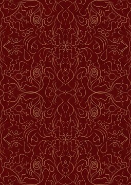 Hand-drawn unique abstract symmetrical seamless gold ornament on a deep red background. Paper texture. Digital artwork, A4. (pattern: p07-1d)