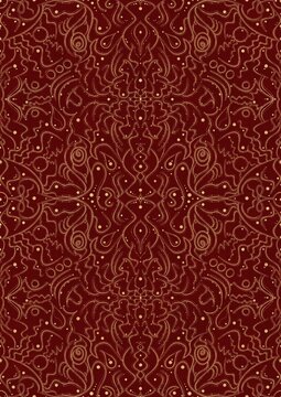 Hand-drawn unique abstract symmetrical seamless gold ornament on a deep red background. Paper texture. Digital artwork, A4. (pattern: p07-2d)