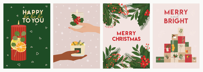 Set of Merry Christmas greeting cards with candles, hands, gifts, greenery and lettering wishes. New Year, Christmas templates. Zero waste eco gifts. Hand drawn vector illustration.