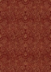 Hand-drawn unique abstract symmetrical seamless gold ornament and splatters of golden glitter on a deep red background. Paper texture. Digital artwork, A4. (pattern: p01e)