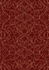 Hand-drawn unique abstract symmetrical seamless gold ornament and splatters of golden glitter on a deep red background. Paper texture. Digital artwork, A4. (pattern: p02-1d)