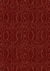 Hand-drawn unique abstract symmetrical seamless gold ornament and splatters of golden glitter on a deep red background. Paper texture. Digital artwork, A4. (pattern: p08-1e)