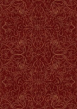 Hand-drawn unique abstract symmetrical seamless gold ornament and splatters of golden glitter on a deep red background. Paper texture. Digital artwork, A4. (pattern: p07-1d)