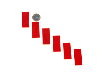  One euro coin on a red step ladder isolated on a white background.Falling euro currency...