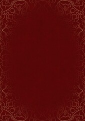 Deep red textured paper with vignette of golden hand-drawn pattern. Copy space. Digital artwork, A4. (pattern: p07-1d)