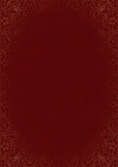 Deep red textured paper with vignette of golden hand-drawn pattern. Copy space. Digital artwork, A4. (pattern: p07-1e)