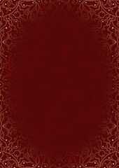 Deep red textured paper with vignette of golden hand-drawn pattern. Copy space. Digital artwork, A4. (pattern: p07-2d)