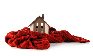 House model with warm scarf on white background. Heating concept